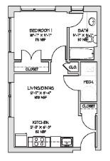 Floor plan for 1 bed, 1 bath, 650 sqft